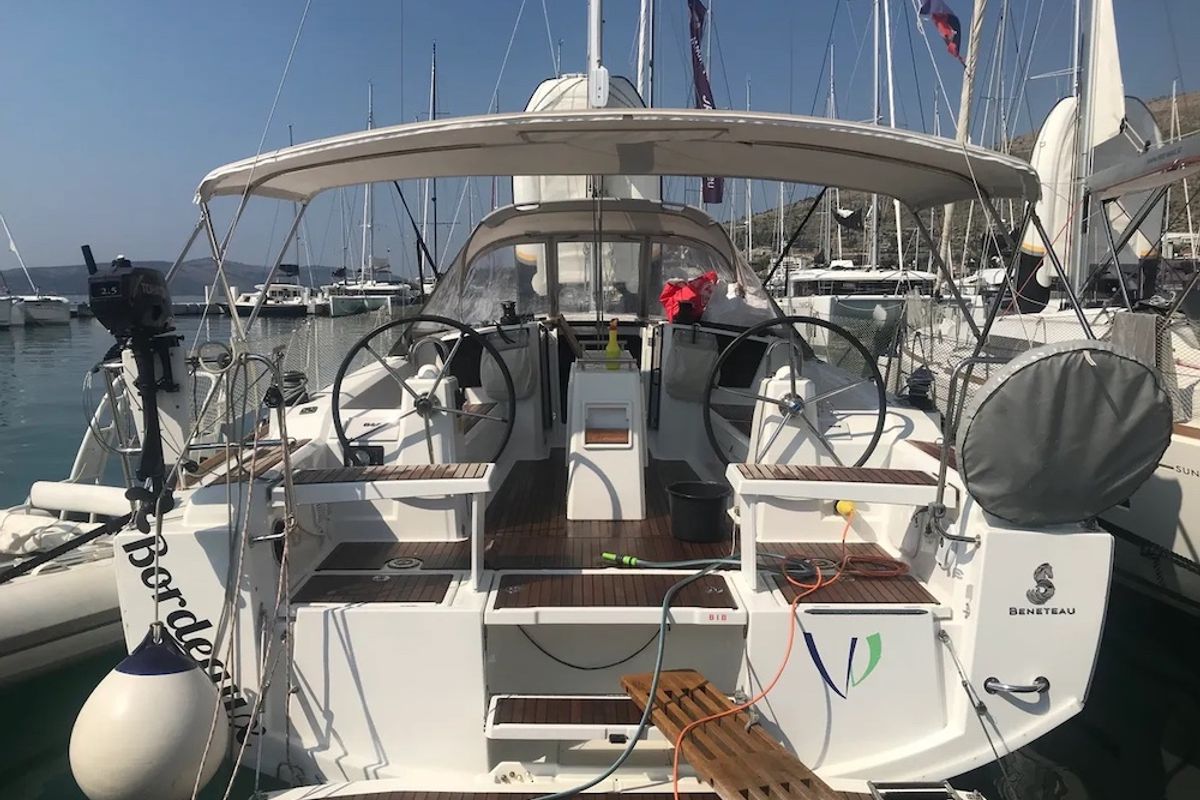 Cockpit of Bordeaux, a Beneteau Oceanis 38.1 sailboat at Seget Donji, Croatia