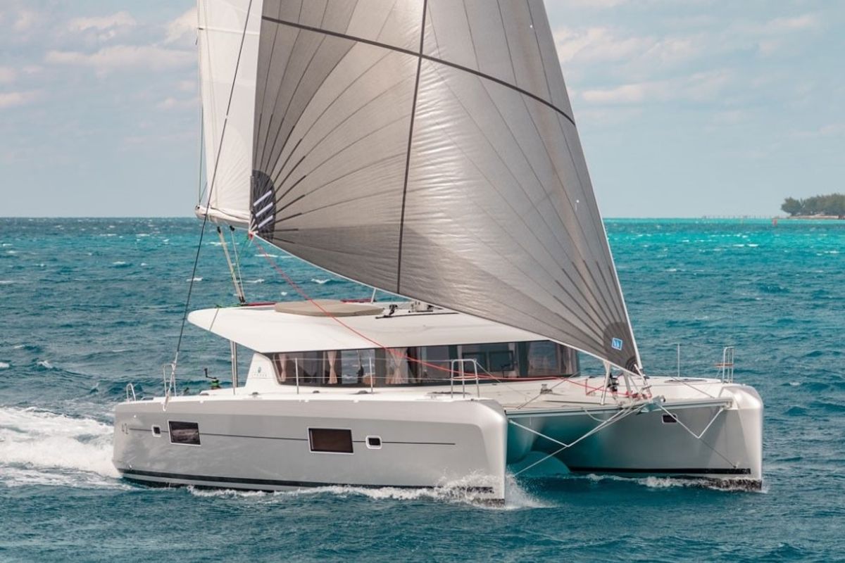 Exterior view of Marina 3, a Lagoon 42 catamaran at Skiathos, Greece