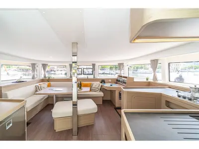 Salon of Marina 3, a Lagoon 42 catamaran at Skiathos, Greece