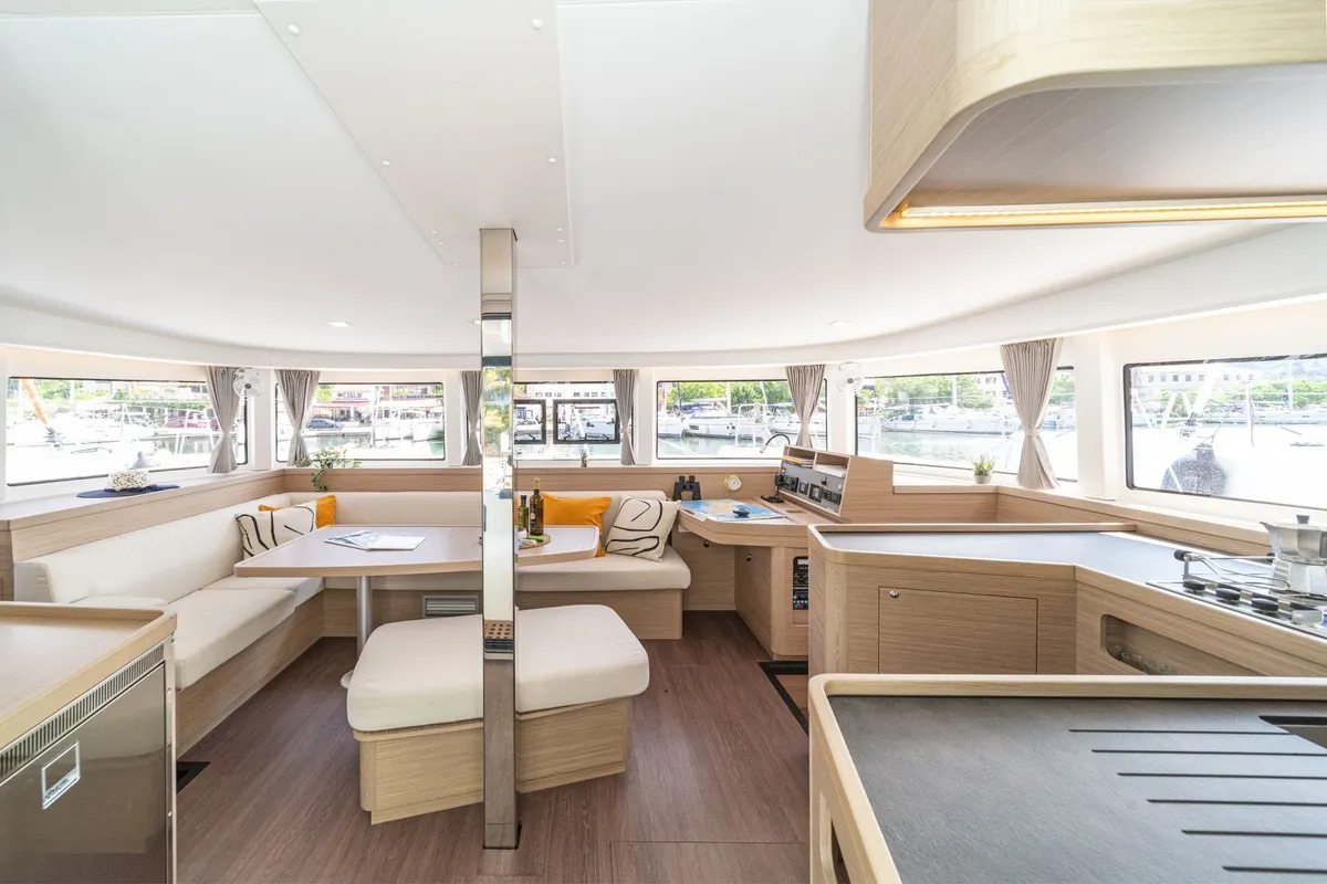 Salon of Marina 3, a Lagoon 42 catamaran at Skiathos, Greece