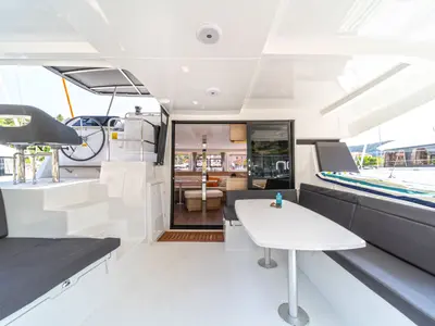 Deck of Marina 3, a Lagoon 42 catamaran at Skiathos, Greece