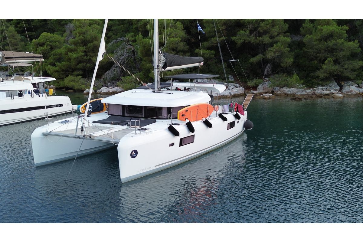 Exterior view of Marina 3, a Lagoon 42 catamaran at Skiathos, Greece