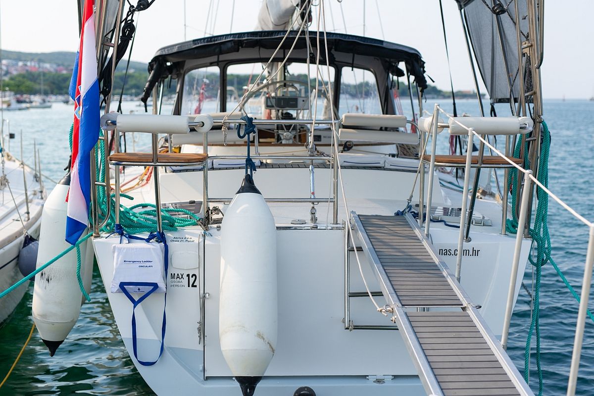 Deck of Amica, a Aragosa Yachts Dolphin 50 sailboat at Punat, Croatia