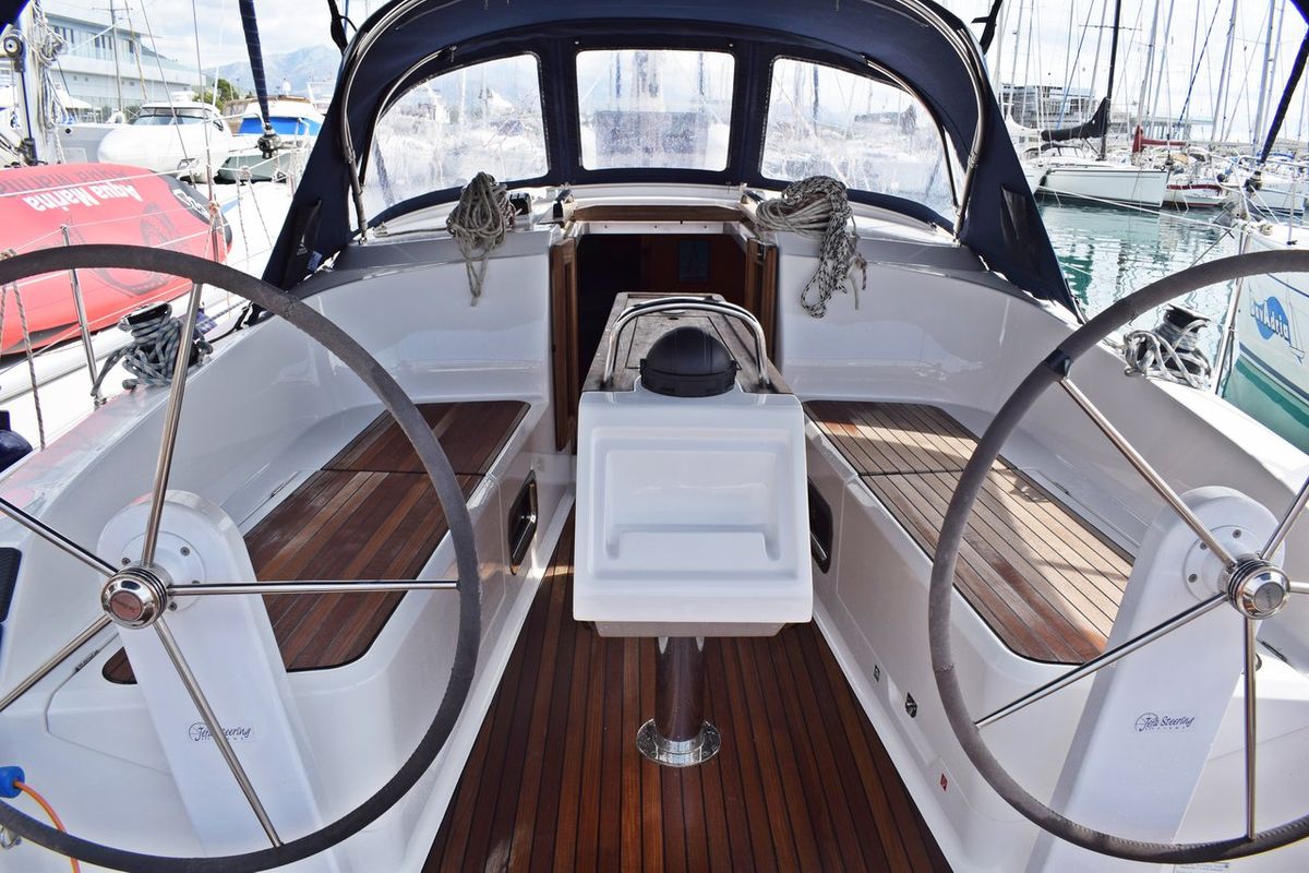 Cockpit of Šešula, a Bavaria Cruiser 37 sailboat at Grad Kaštela, Croatia