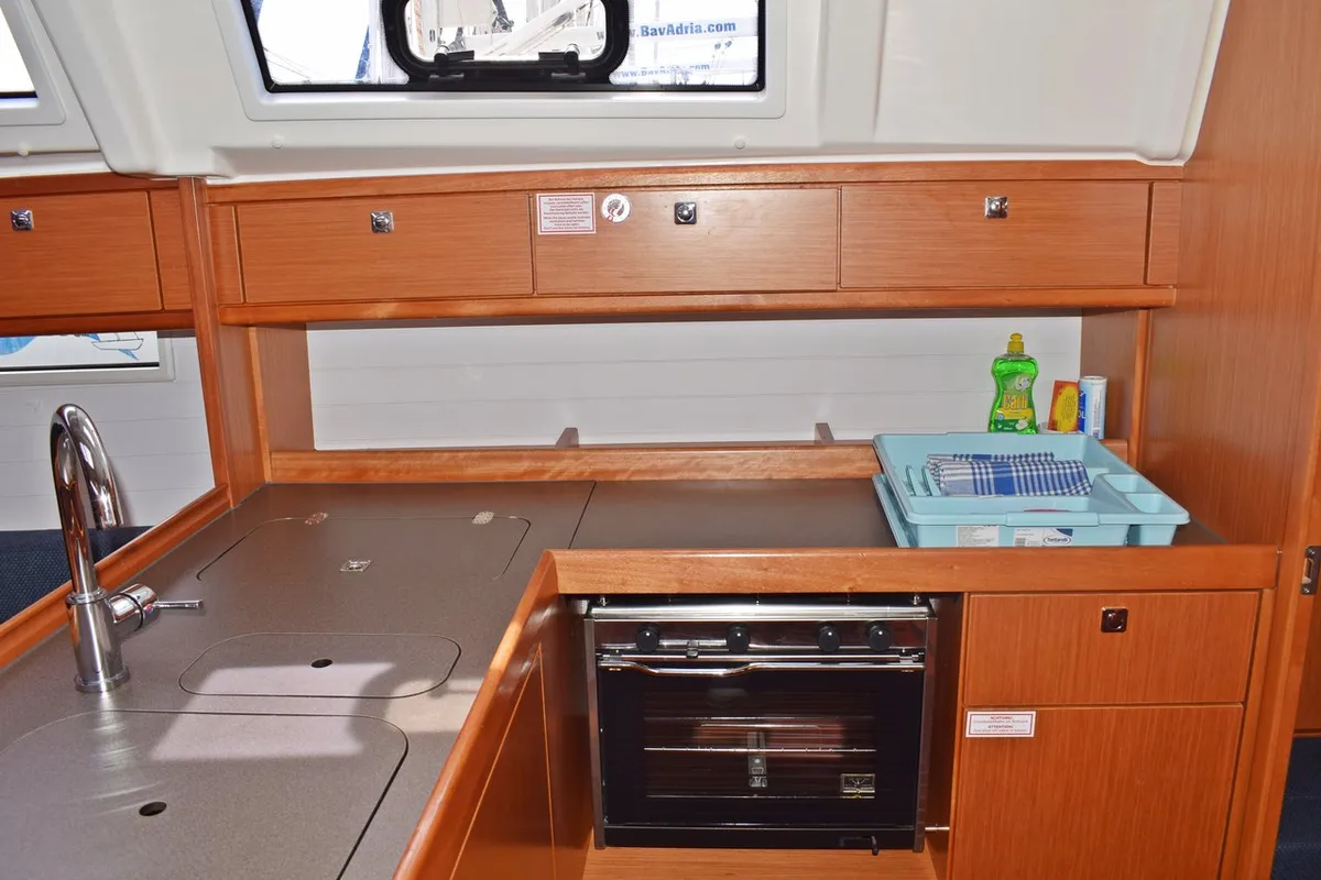 Galley of Šešula, a Bavaria Cruiser 37 sailboat at Grad Kaštela, Croatia