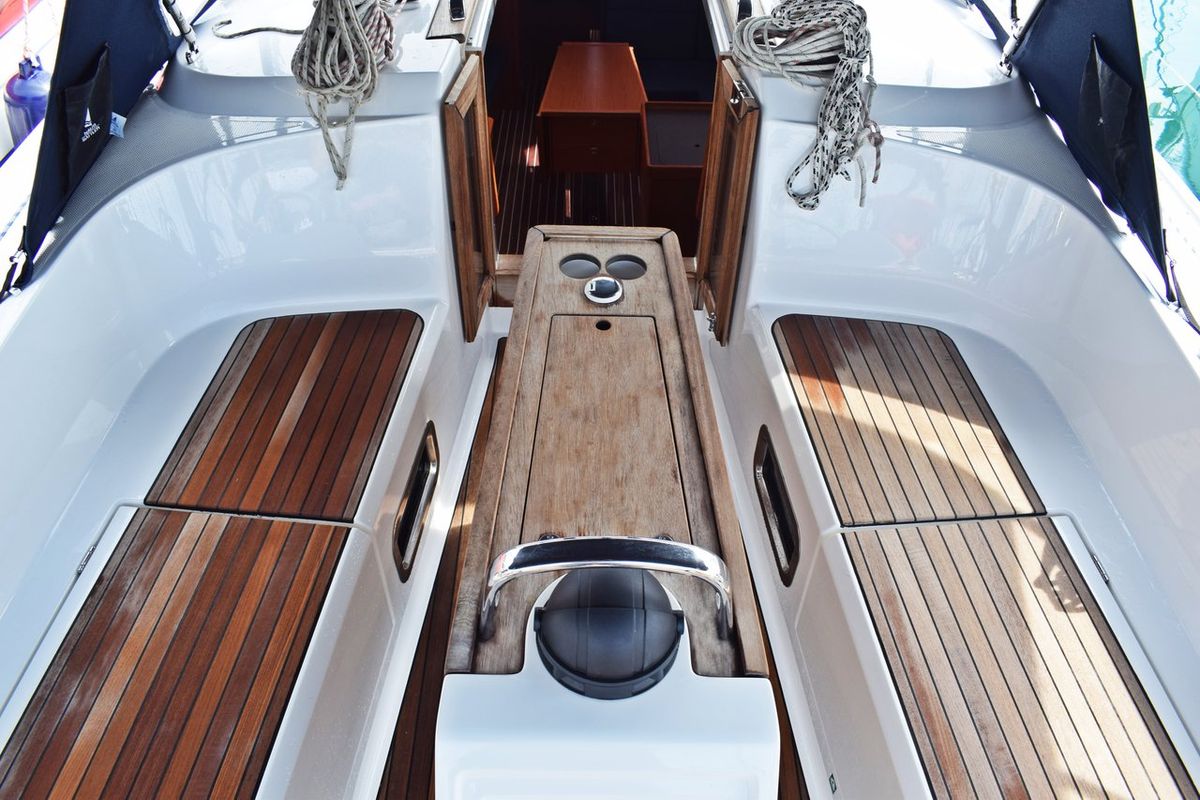 Cockpit of Šešula, a Bavaria Cruiser 37 sailboat at Grad Kaštela, Croatia