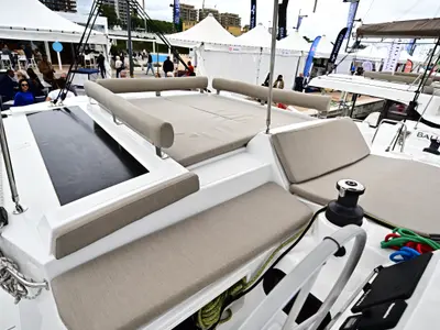 Deck of Alexa, a Bali 4.2 catamaran at Salerno, Italy