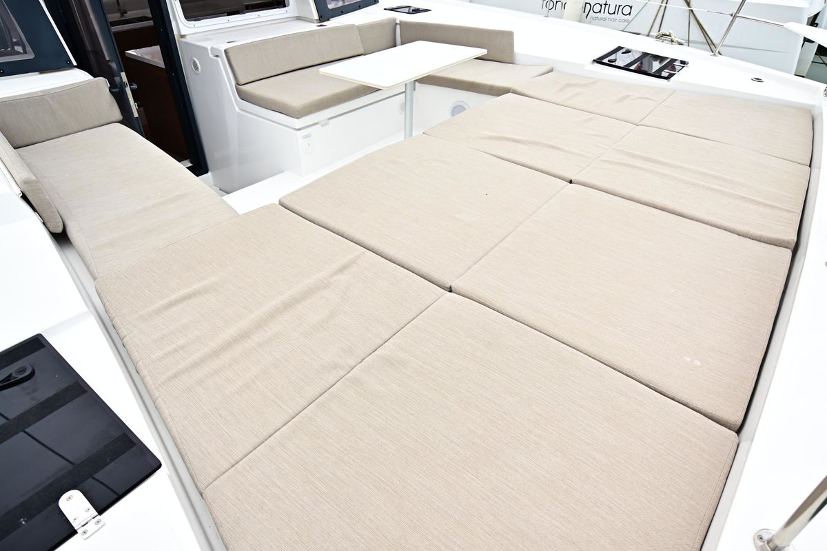 Deck of Alexa, a Bali 4.2 catamaran at Salerno, Italy