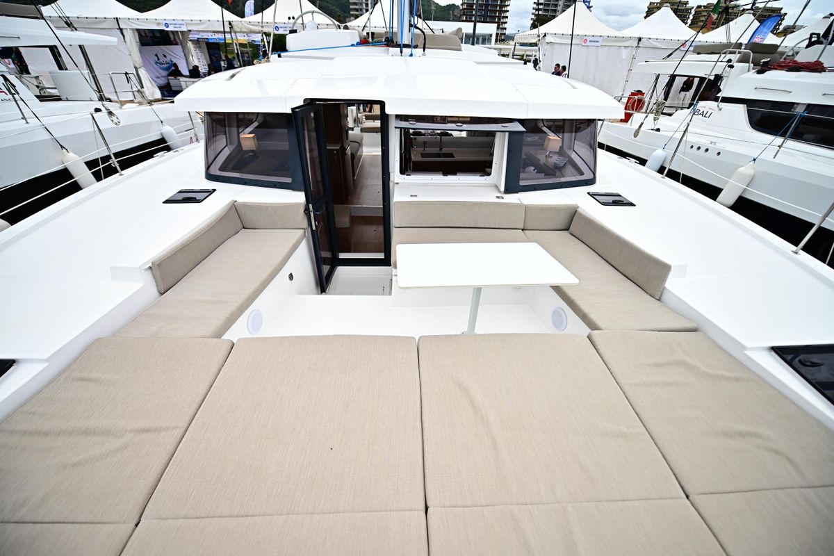 Deck of Alexa, a Bali 4.2 catamaran at Salerno, Italy