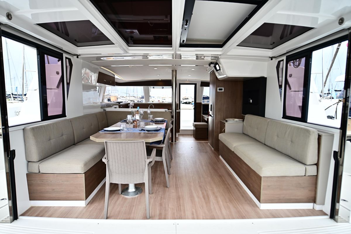 Salon of Alexa, a Bali 4.2 catamaran at Salerno, Italy