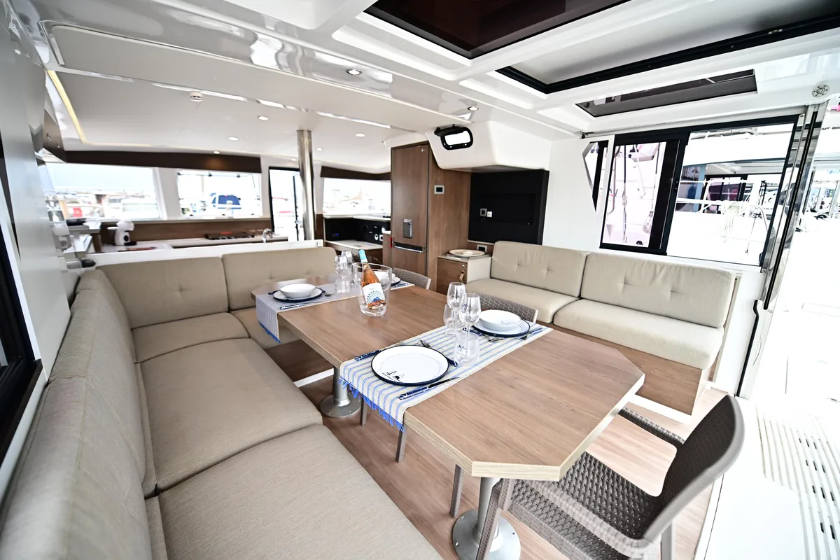 Salon of Alexa, a Bali 4.2 catamaran at Salerno, Italy