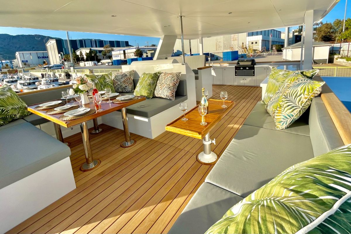 Deck of Inka, a Ocean Beast 65 catamaran at Palma de Mallorca, Spain