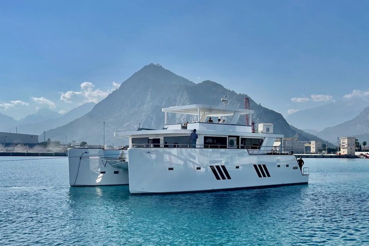 Exterior view of Inka, a Ocean Beast 65 catamaran at Palma de Mallorca, Spain