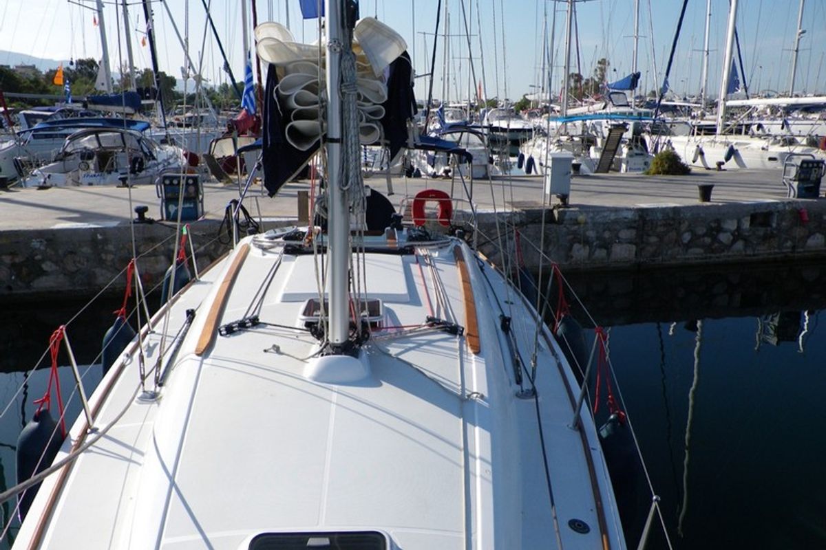 Deck of Kos 36.2, a Jeanneau Sun Odyssey 36i sailboat at Municipal Unit of Lefkada, Greece