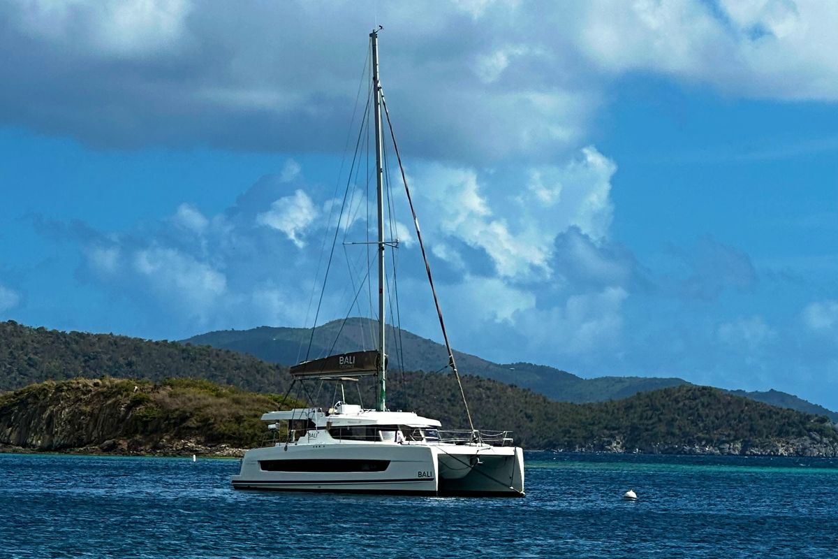 Exterior view of Morale Compass, a Bali Catspace OW catamaran at Parham Town, British Virgin Islands