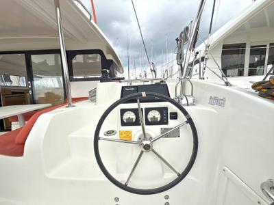 Cockpit of ROXY, a Excess 11 catamaran at Kontokali, Greece