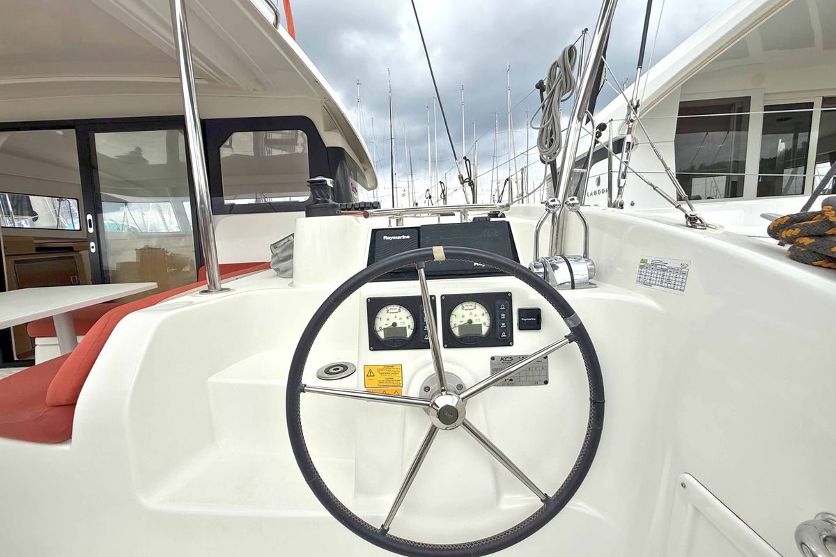 Cockpit of ROXY, a Excess 11 catamaran at Kontokali, Greece