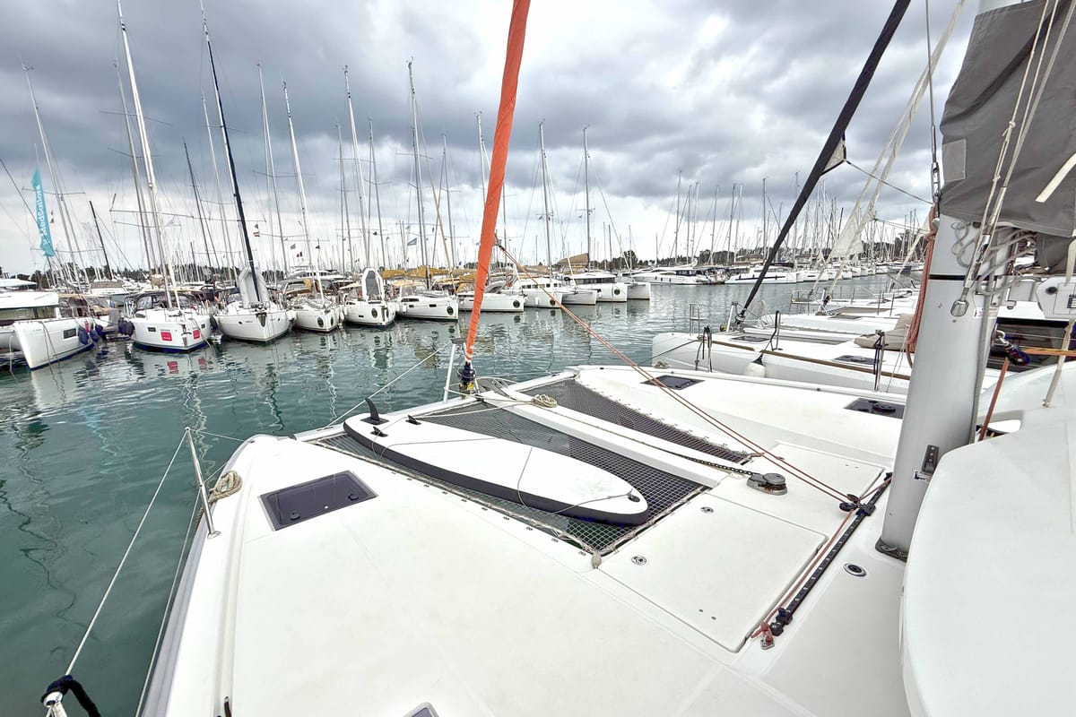 Deck of ROXY, a Excess 11 catamaran at Kontokali, Greece