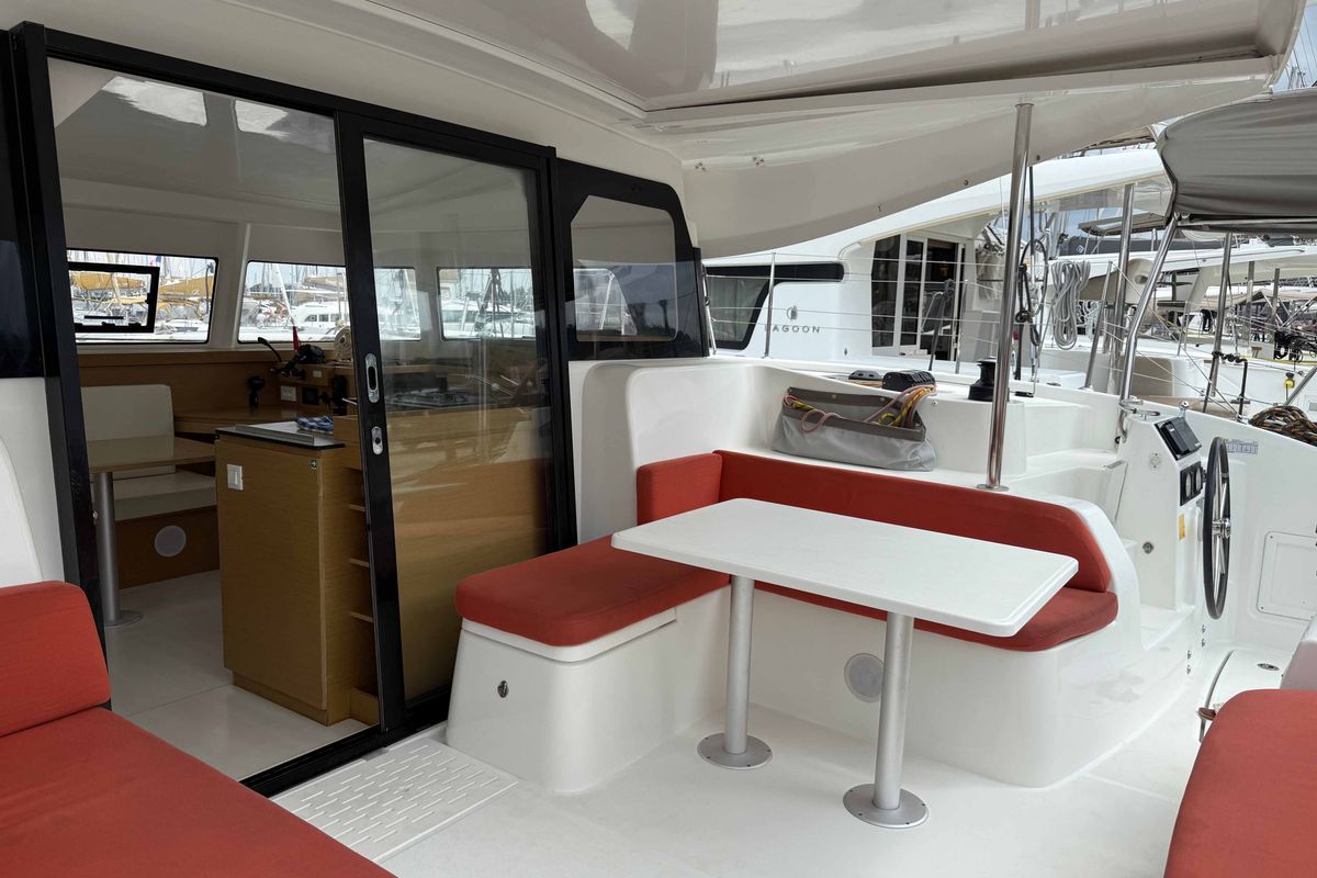 Deck of ROXY, a Excess 11 catamaran at Kontokali, Greece