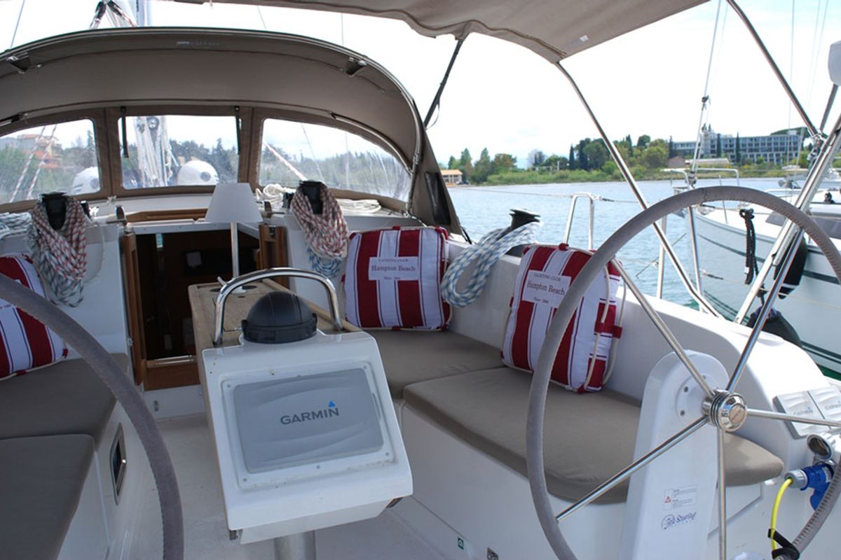 Cockpit of Kalypso, a Bavaria Cruiser 41 sailboat at Kontokali, Greece