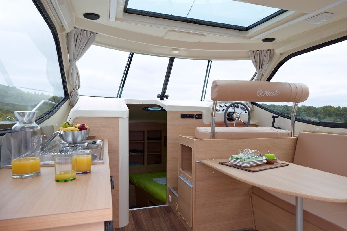 Cockpit of Cantate, a Nicols Sedan Primo motorboat at Grez-Neuville, France