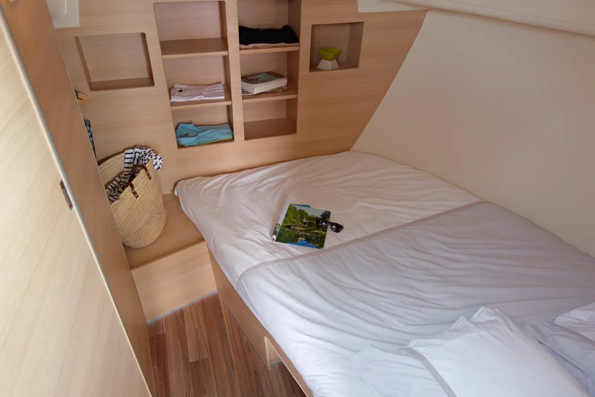 Cabin on Cantate, a Nicols Sedan Primo motorboat at Grez-Neuville, France