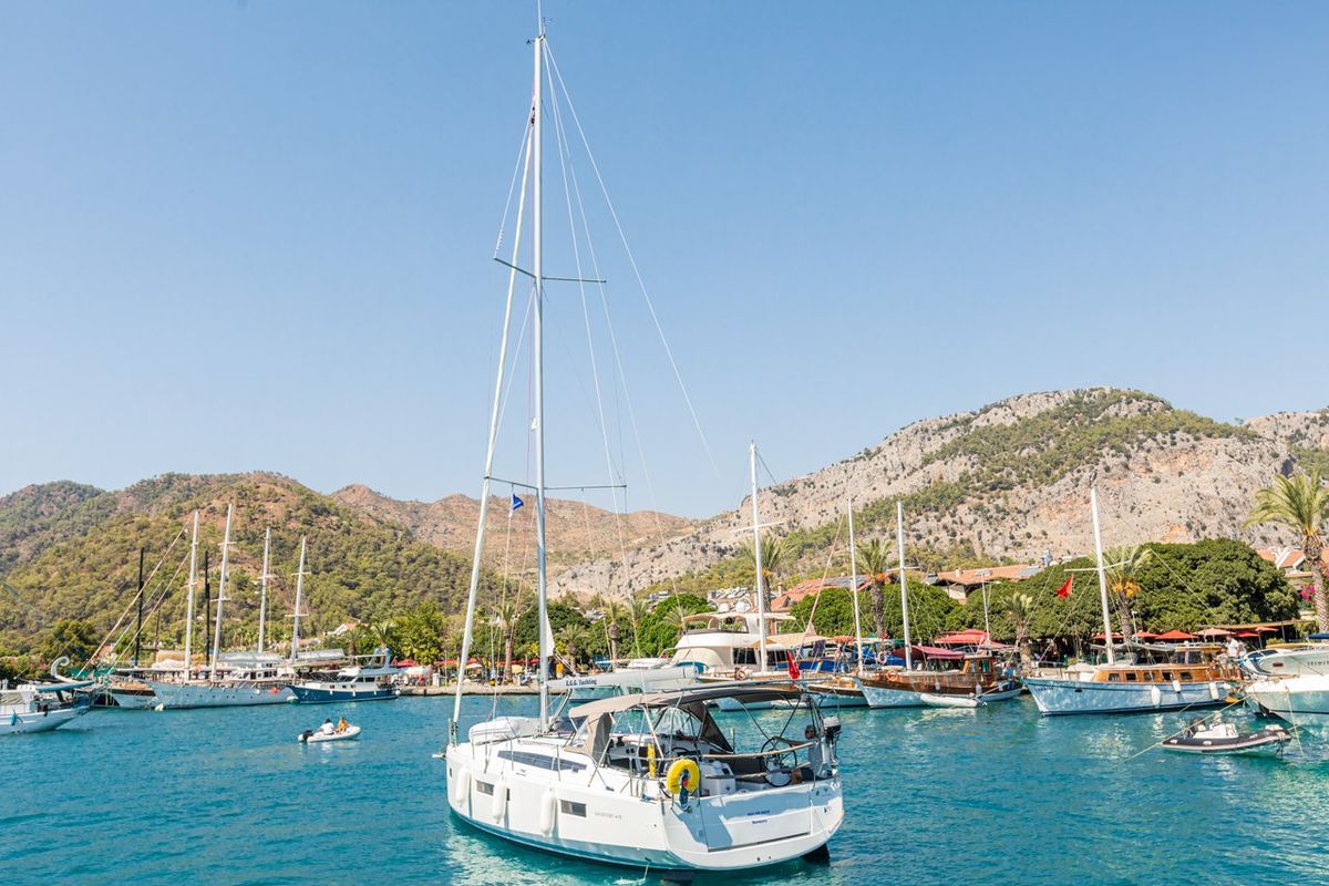 Exterior view of Feel The Magic, a Jeanneau Sun Odyssey 410 sailboat at Fethiye, Turkey