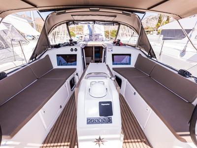 Cockpit of Feel The Magic, a Jeanneau Sun Odyssey 410 sailboat at Fethiye, Turkey