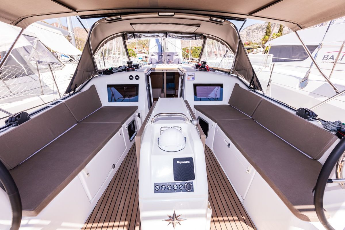 Cockpit of Feel The Magic, a Jeanneau Sun Odyssey 410 sailboat at Fethiye, Turkey