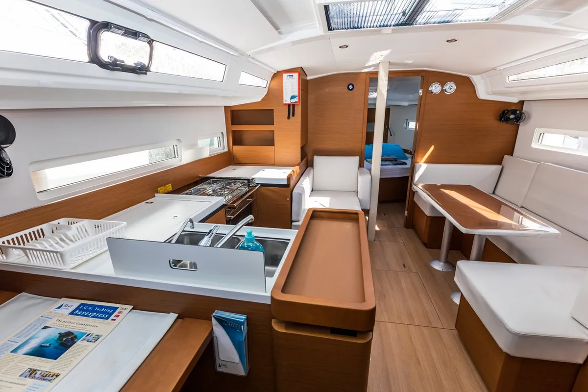 Galley of Feel The Magic, a Jeanneau Sun Odyssey 410 sailboat at Fethiye, Turkey