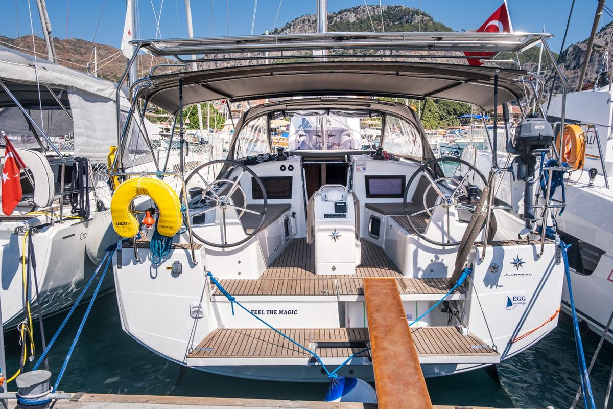 Deck of Feel The Magic, a Jeanneau Sun Odyssey 410 sailboat at Fethiye, Turkey