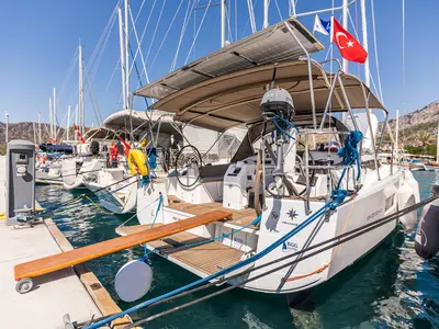 Deck of Feel The Magic, a Jeanneau Sun Odyssey 410 sailboat at Fethiye, Turkey