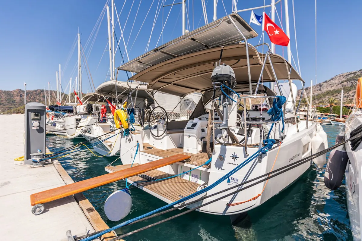 Deck of Feel The Magic, a Jeanneau Sun Odyssey 410 sailboat at Fethiye, Turkey