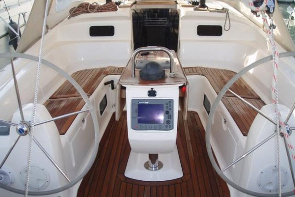 Cockpit of Ippoliti, a Elan Impression 434 sailboat at Athens, Greece