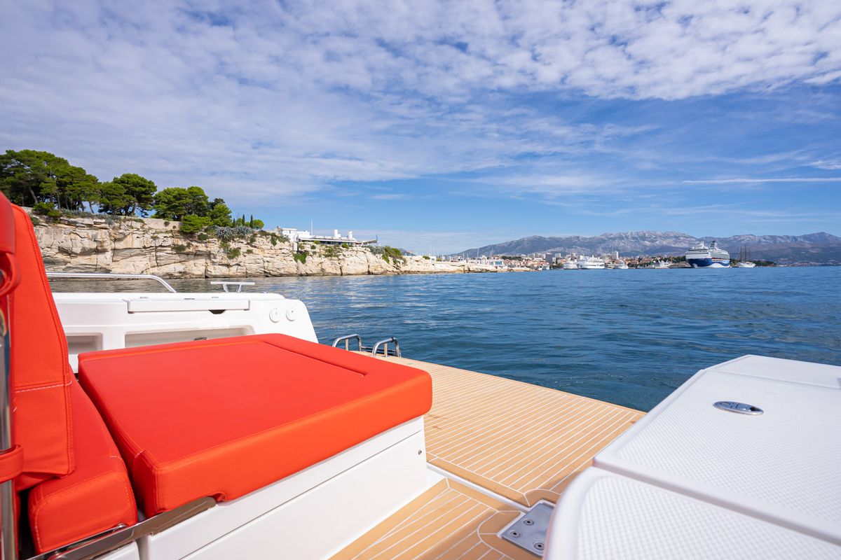 Deck of Pura Vida, a Nimbus Tender T11 motorboat at Split, Croatia