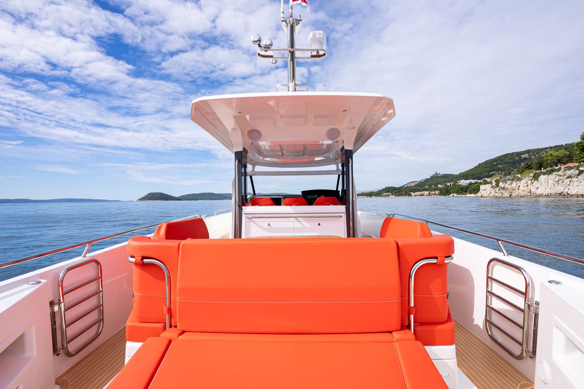 Deck of Pura Vida, a Nimbus Tender T11 motorboat at Split, Croatia