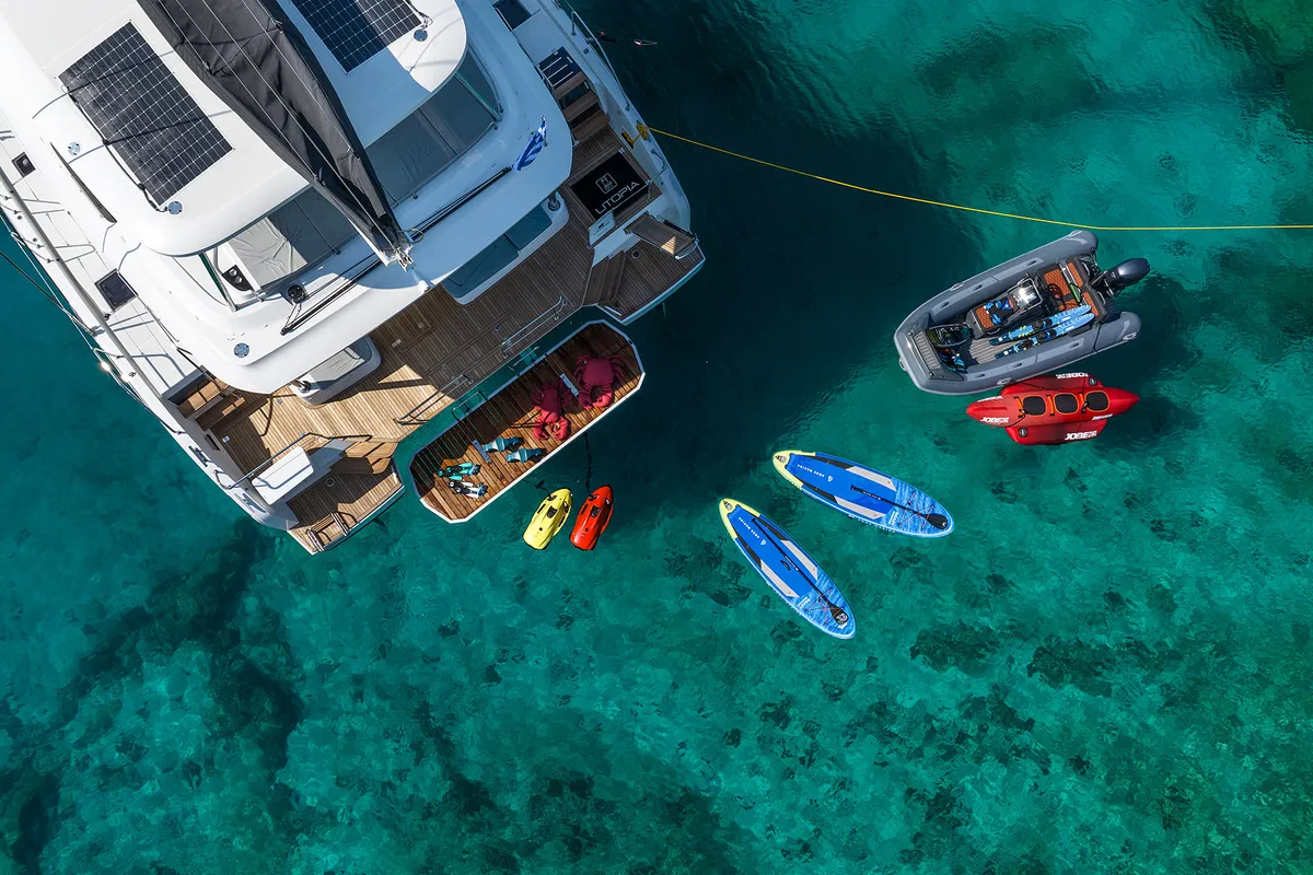 Exterior view of Utopia, a Lagoon 55 catamaran at Kos, Greece