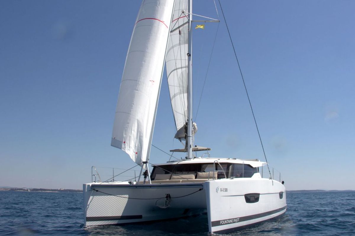 Exterior view of Luna Rossa II, a Fountaine Pajot Lucia 40 catamaran at Punat, Croatia