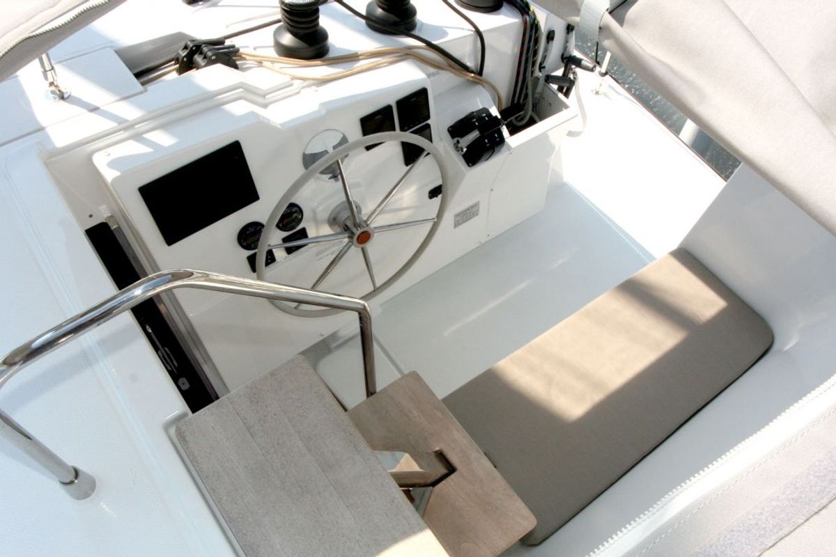 Cockpit of Luna Rossa II, a Fountaine Pajot Lucia 40 catamaran at Punat, Croatia