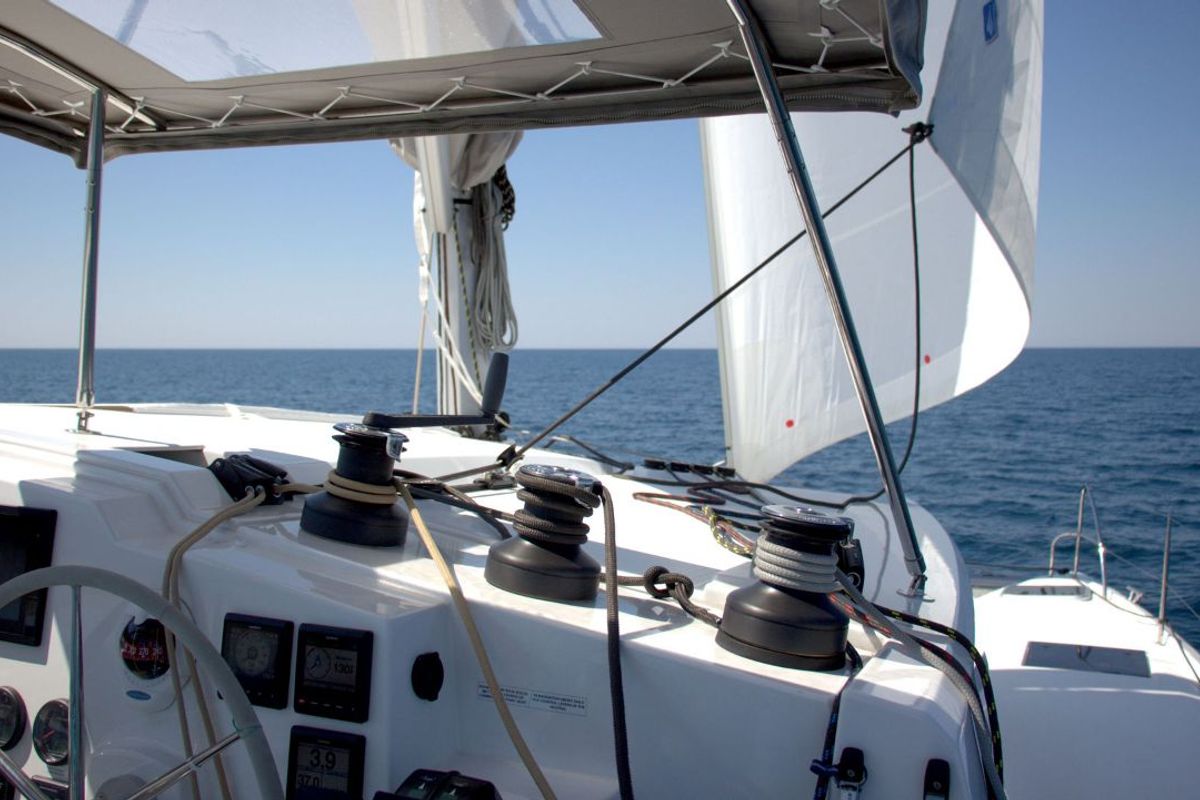 Cockpit of Luna Rossa II, a Fountaine Pajot Lucia 40 catamaran at Punat, Croatia