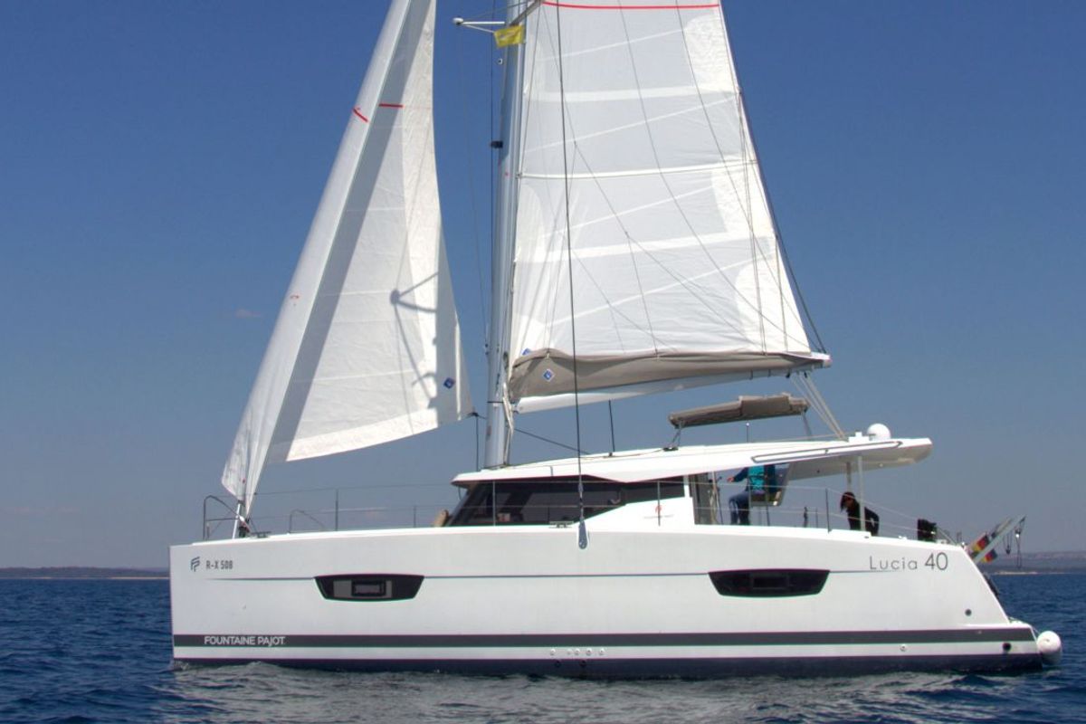 Exterior view of Luna Rossa II, a Fountaine Pajot Lucia 40 catamaran at Punat, Croatia