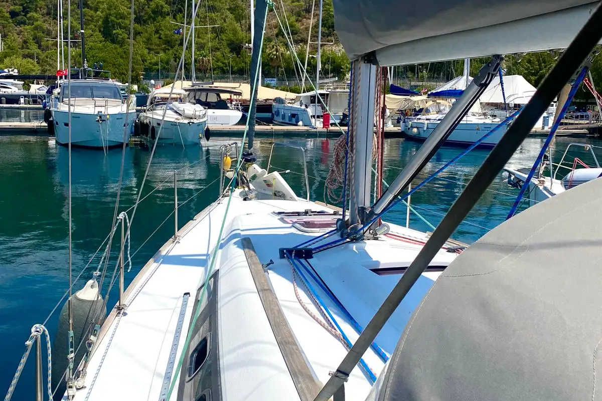 Deck of Smyrna, a Beneteau Oceanis 34 sailboat at Marmaris, Turkey