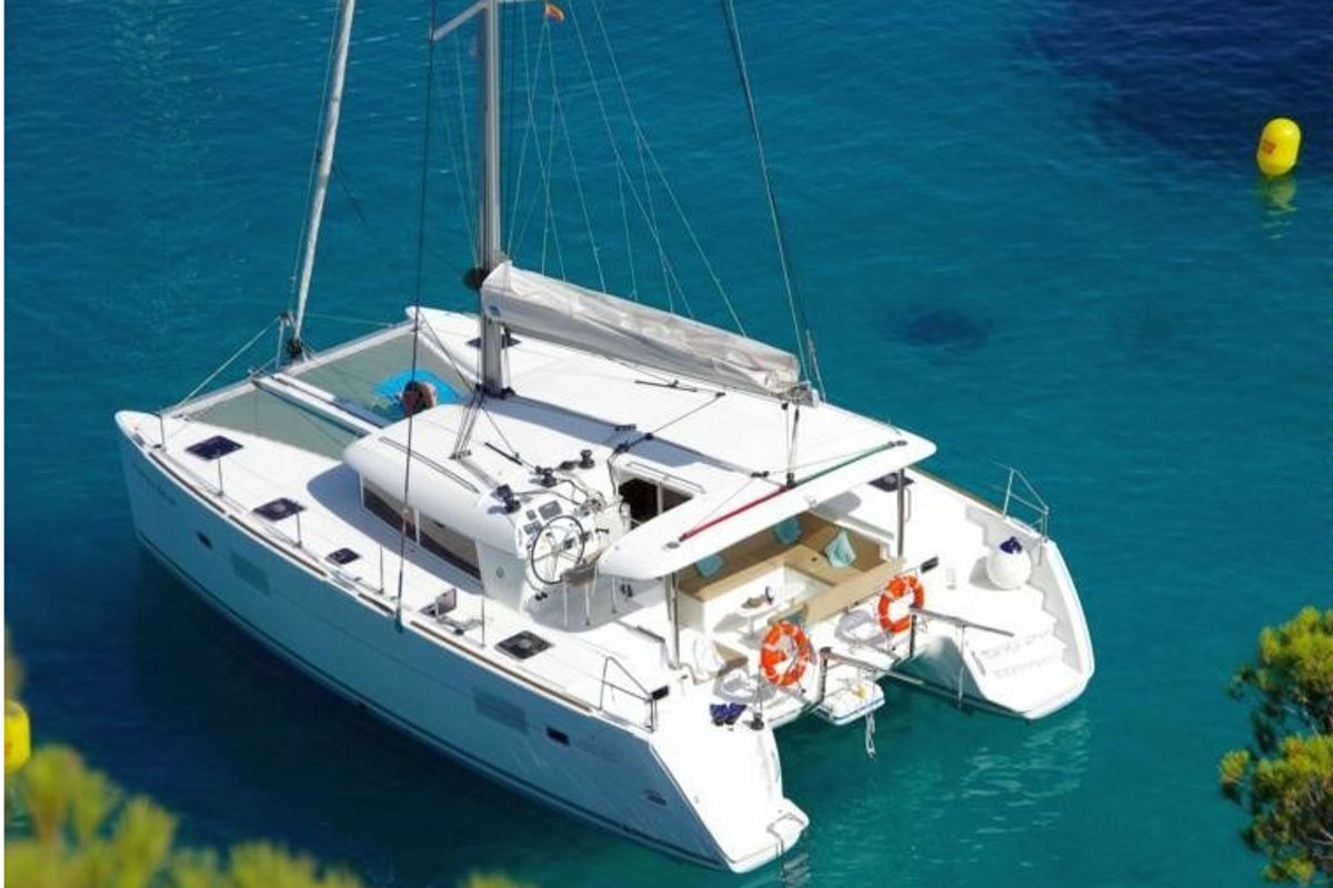 Exterior view of Auster, a Lagoon 400 S2 catamaran at Punta Ala, Italy