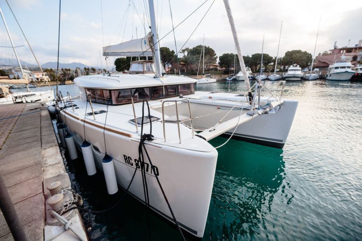 Exterior view of Auster, a Lagoon 400 S2 catamaran at Punta Ala, Italy