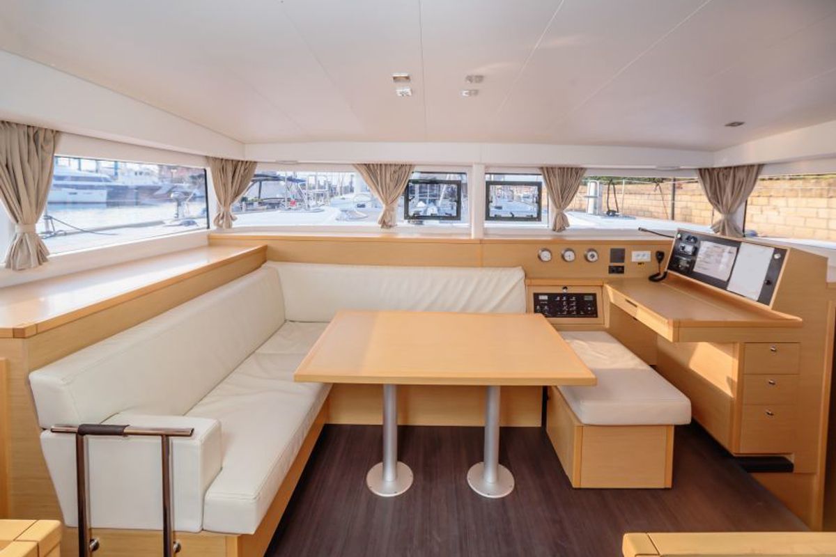 Salon of Auster, a Lagoon 400 S2 catamaran at Punta Ala, Italy
