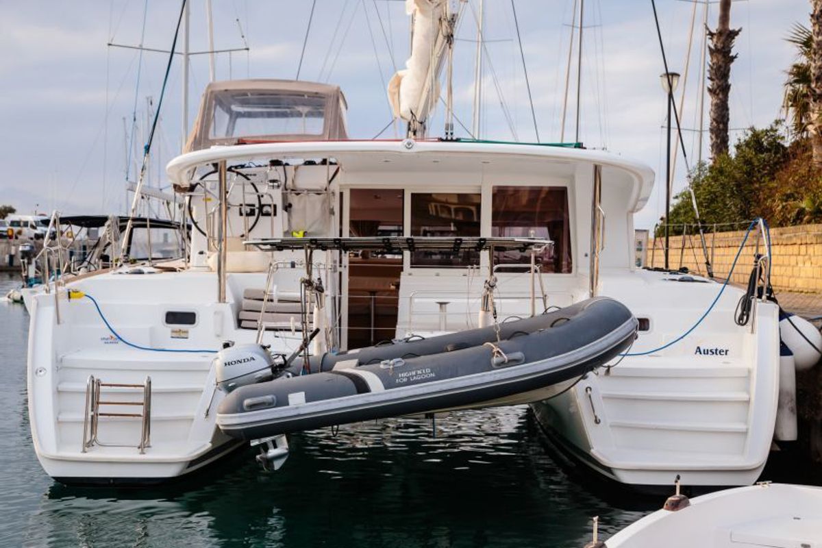 Exterior view of Auster, a Lagoon 400 S2 catamaran at Punta Ala, Italy