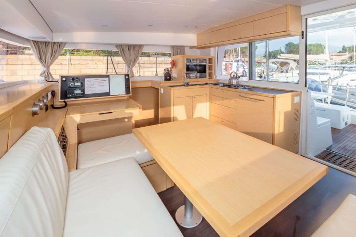 Salon of Auster, a Lagoon 400 S2 catamaran at Punta Ala, Italy