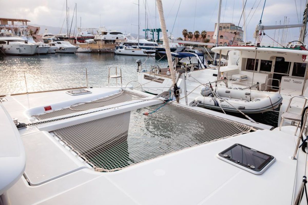 Deck of Auster, a Lagoon 400 S2 catamaran at Punta Ala, Italy