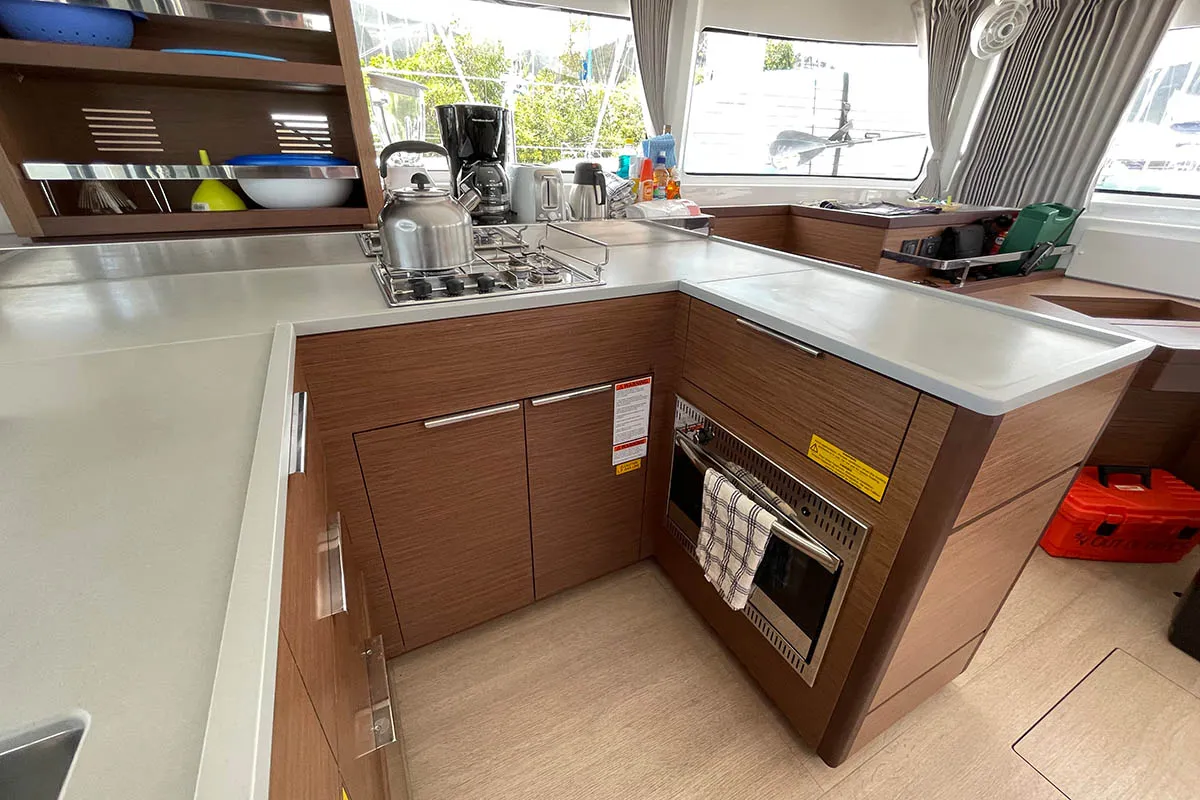 Galley of No Regrets, a Lagoon 46 catamaran at Athens, Greece