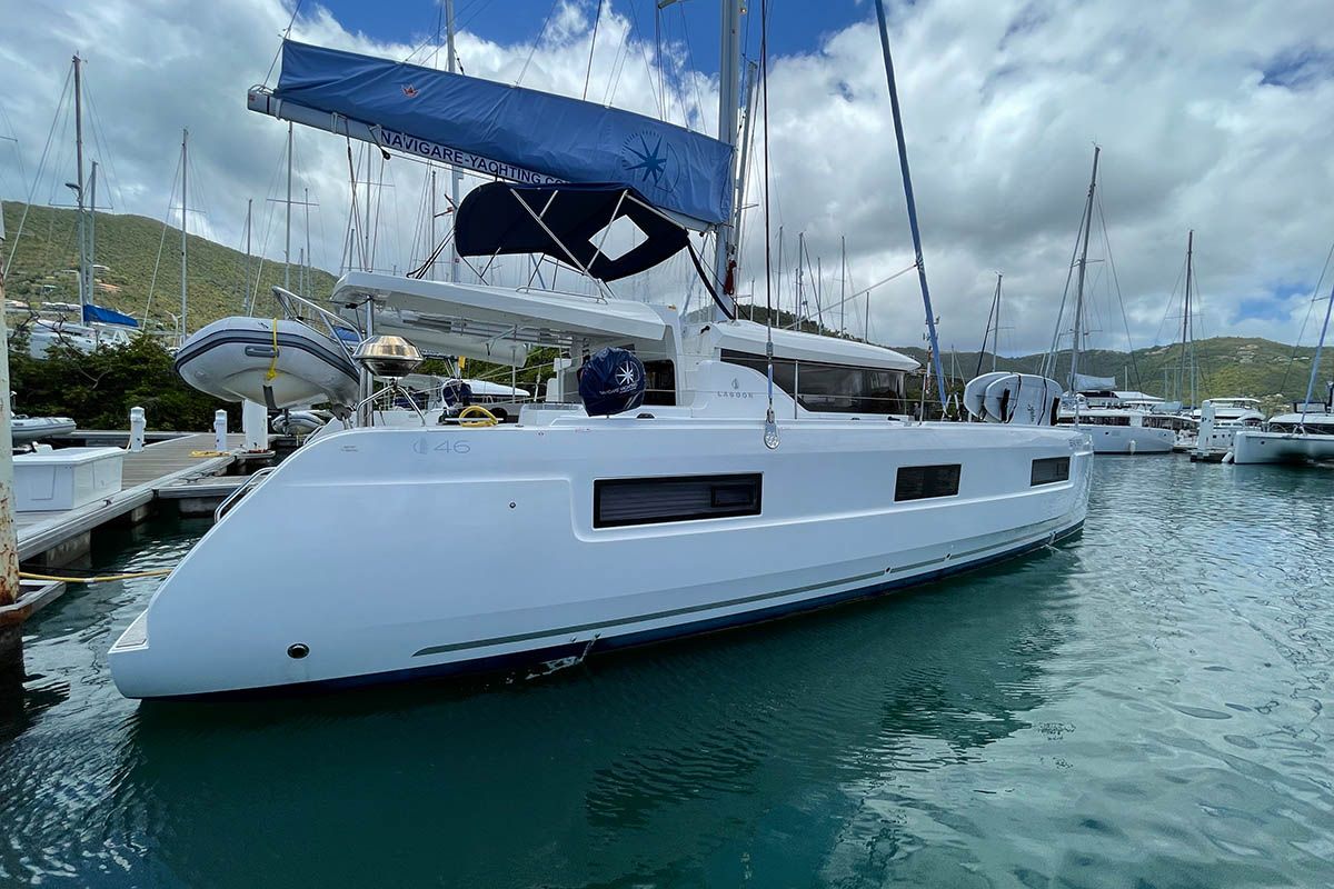 Exterior view of No Regrets, a Lagoon 46 catamaran at Athens, Greece